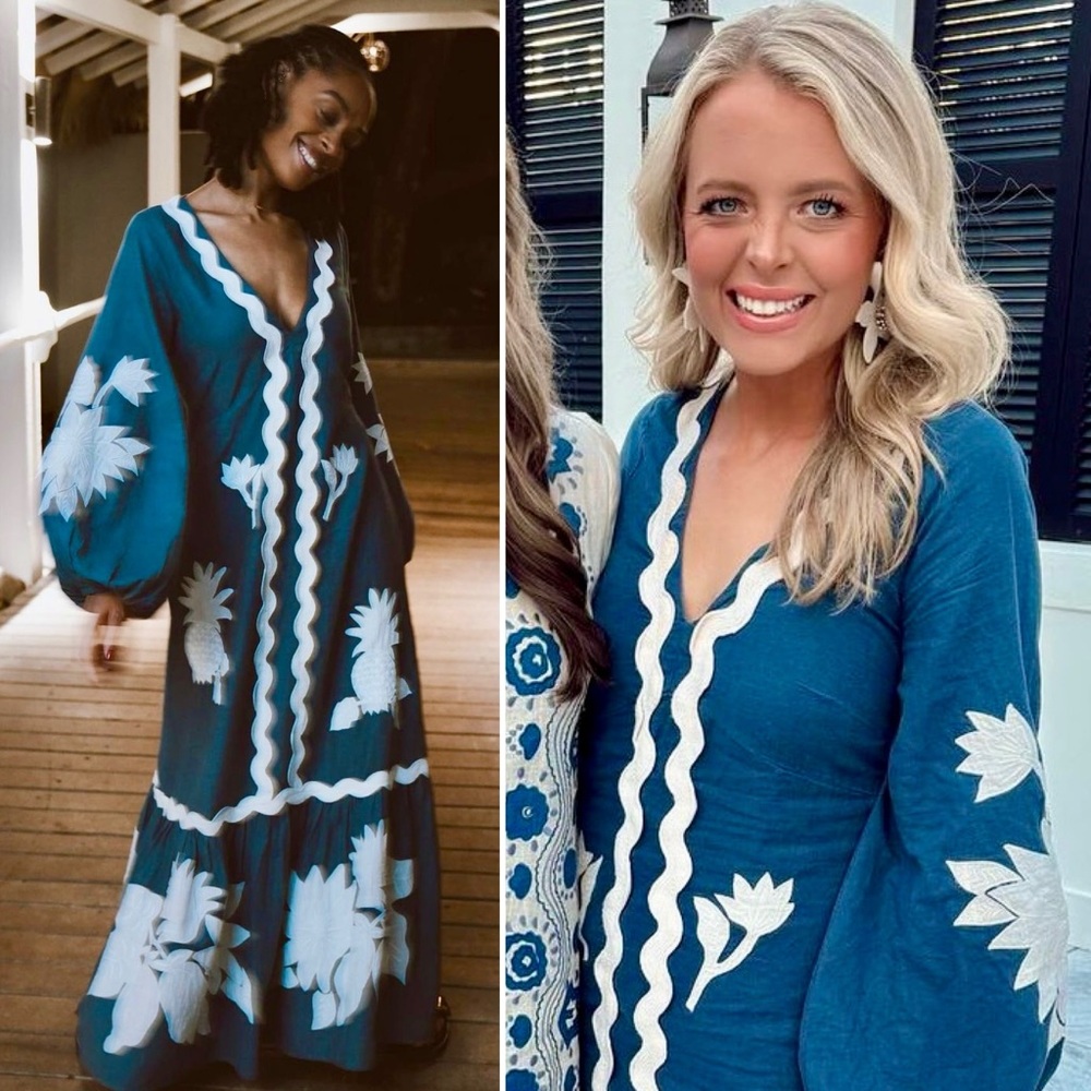 *Broken Zipper* Farm Rio Embroidered Long Sleeve Linen Maxi Dress Blue XXL 1X